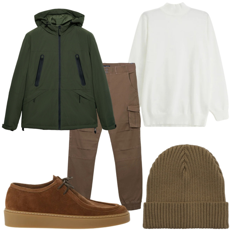 Outfit uomo - Gita fuori porta. Stile Urban per Tutti i giorni. Abbinamento con pantaloni cargo, giacche, berretti, maglieria, scarpe stringate.
