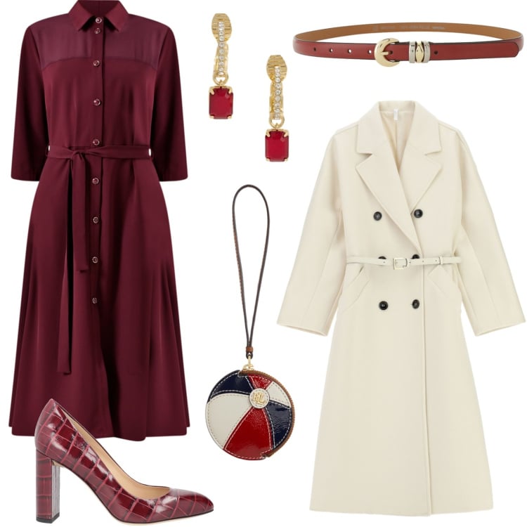 Outfit donna - Burgundy passion. Stile Bon Ton per Tutti i giorni. Abbinamento con décolleté, cappotti, cinture, vestiti chemisier, orecchini, pochette.