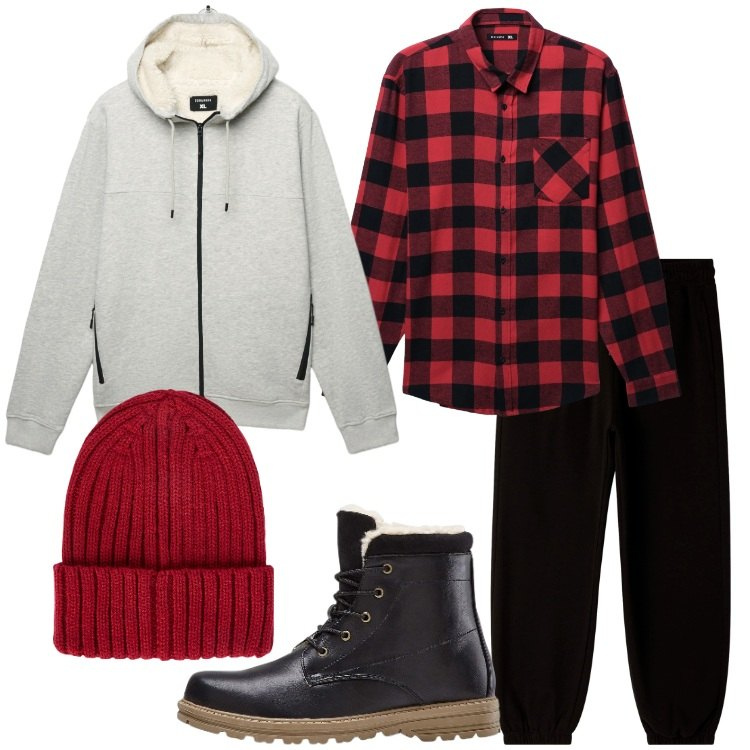 Outfit uomo - In città. Stile Urban per Tutti i giorni. Abbinamento con stivali e stivaletti, camicie, pantaloni, felpe con cappuccio, berretti.