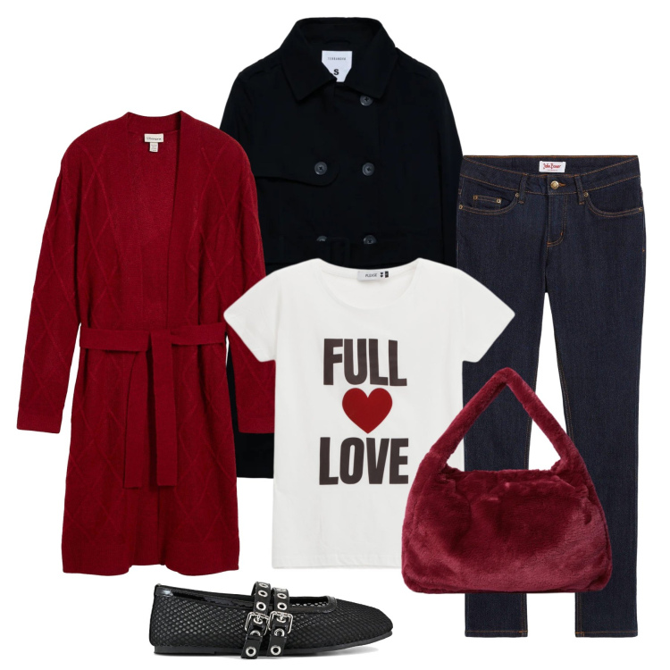 Outfit donna - Tu mi fai battere il cuore. Stile Casual chic per Serata fuori. Abbinamento con jeans skinny, cardigans, trench, t-shirt, ballerine, borse a spalla.