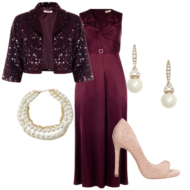 Outfit donna - S.Valentino elegante. Stile Romantica per Serata fuori. Abbinamento con décolleté, collane, vestiti lunghi, bolero, orecchini.