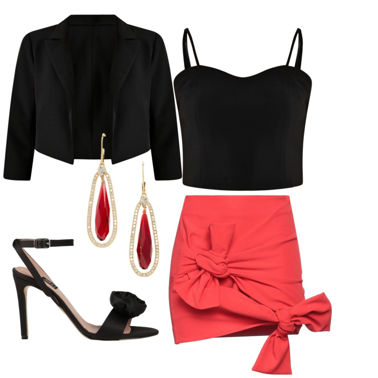 Outfit donna - Rosso S.Valentino. Stile Glamour per Serata fuori. Abbinamento con minigonne, sandali col tacco, top, bolero, orecchini.