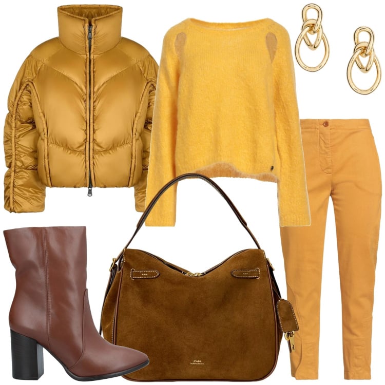 Outfit donna - Febbraio marrone solare. Stile Trendy per Tutti i giorni. Abbinamento con stivaletti, jeans slim fit, pullovers, borse a mano, orecchini, piumini.