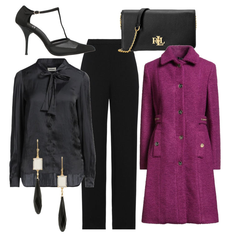 Outfit donna - Porpora e nero. Stile Chic per Serata fuori. Abbinamento con pantaloni, décolleté, cappotti, camicie, borse a mano, orecchini.