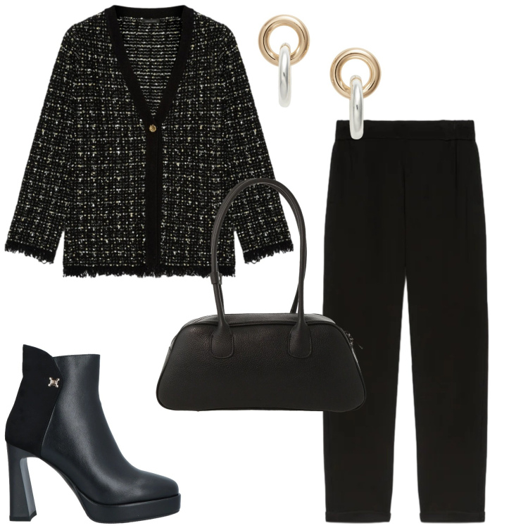 Outfit donna - Febbraio. Stile Urban per Tutti i giorni. Abbinamento con stivaletti, borse a mano, orecchini, pantaloni, cardigans.