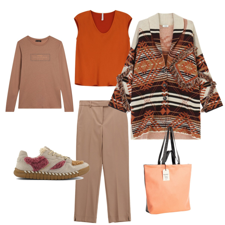 Outfit donna - Casual chic in apricot. Stile Casual chic per Tutti i giorni. Abbinamento con top, pantaloni, cappotti, borse tote, t-shirt, sneakers.