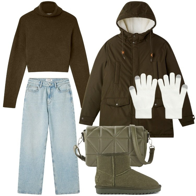 Outfit donna - Total look #2329183. Stile Trendy per Tutti i giorni. Abbinamento con borse a tracolla, maglieria, guanti, jeans, parka, stivali.