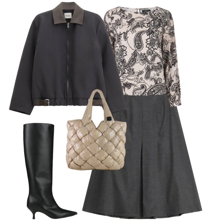 Outfit donna - City. Stile Urban per Tutti i giorni. Abbinamento con stivali, gonne longuette, bomber, bluse, borse tote.