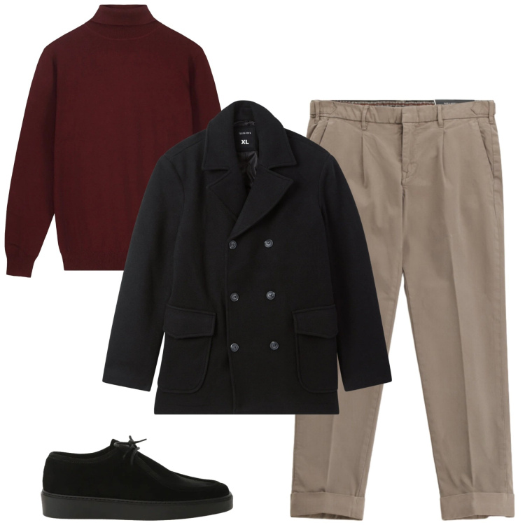 Outfit uomo - City. Stile Urban per Tutti i giorni. Abbinamento con pantaloni chino, scarpe stringate, caban, maglieria.