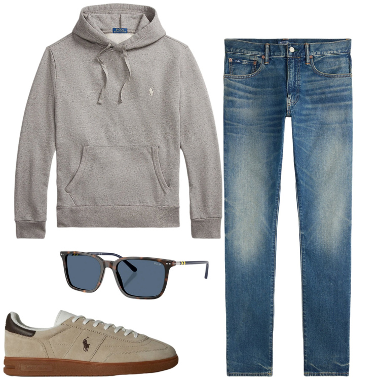 Outfit uomo - Casual Ralph Lauren. Stile Casual per Tutti i giorni. Abbinamento con felpe con cappuccio, occhiali da sole, jeans, sneakers.