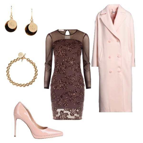 Outfit donna - Pink power. Stile Romantica per Serata fuori. Abbinamento con cappotti, décolleté, vestiti a tubino, braccialetti, orecchini.