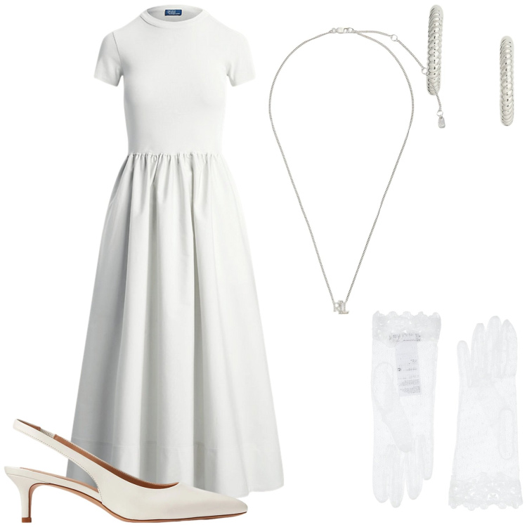 Outfit donna - Di bianco mi vesto. Stile Chic per Cerimonia. Abbinamento con guanti, décolleté, ciondoli, vestiti, orecchini.