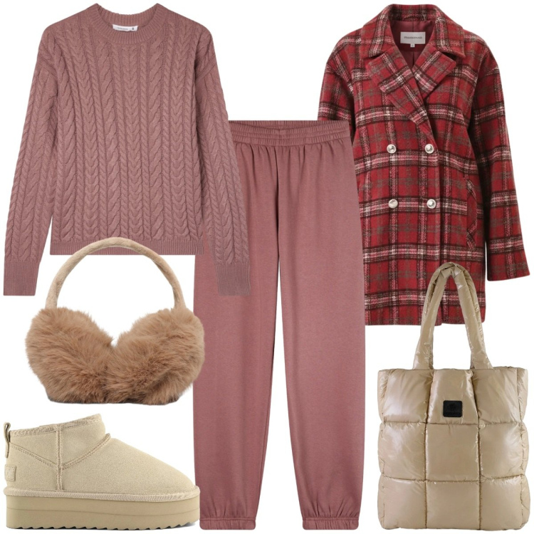 Outfit donna - Spese al volo. Stile Basic per Tutti i giorni. Abbinamento con maglieria, cappelli, pantaloni, cappotti, shopping bag, stivaletti.