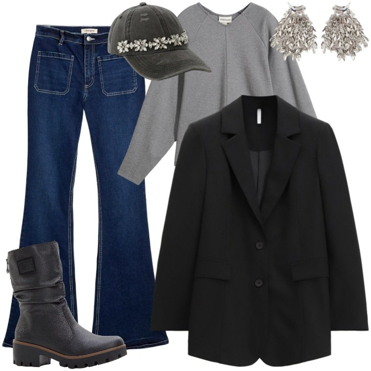 Outfit donna - Total look #2329201. Stile Boho per Tutti i giorni. Abbinamento con jeans bootcut, maglieria, stivaletti, blazer, cappelli, orecchini.