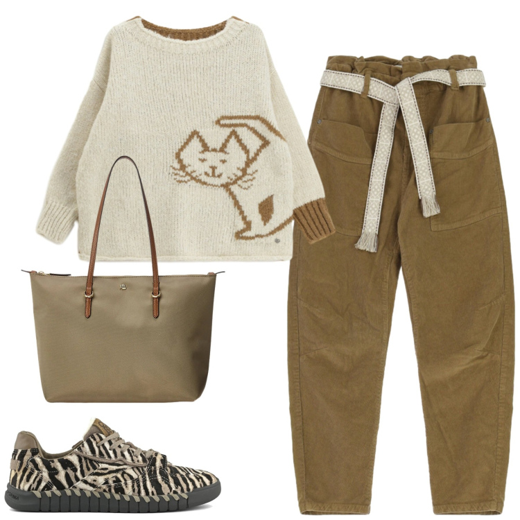 Outfit donna - Febbraio. Stile Casual per Tutti i giorni. Abbinamento con maglieria, pantaloni, borse tote, sneakers.