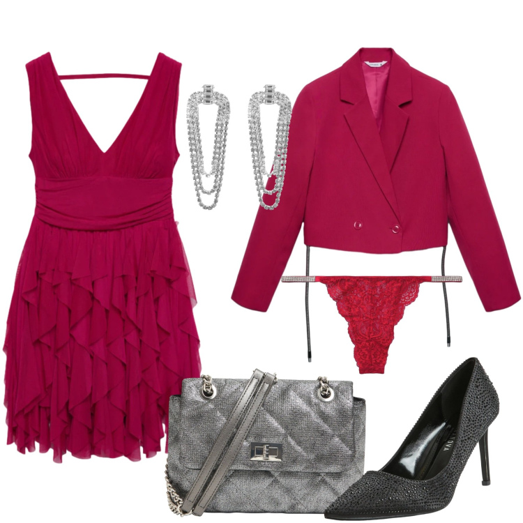 Outfit donna - Rosso san valentino. Stile Glamour per Serata fuori. Abbinamento con vestiti, culotte, blazer, décolleté, orecchini, borse a tracolla.