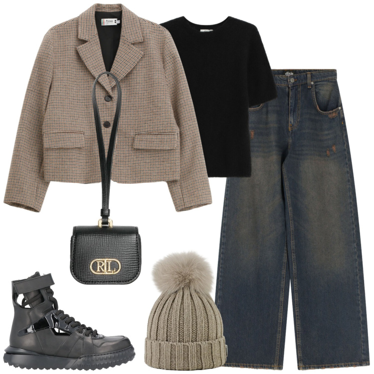 Outfit donna - City. Stile Casual chic per Tutti i giorni. Abbinamento con stivaletti, blazer, jeans, maglieria, pochette, berretti.