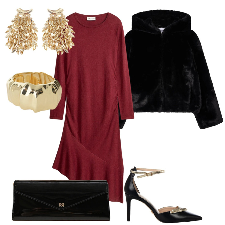Outfit donna - San Valentino con un tocco glam. Stile Glamour per Serata fuori. Abbinamento con vestiti asimmetrici, orecchini, braccialetti, décolleté, pochette, ecopellicce.