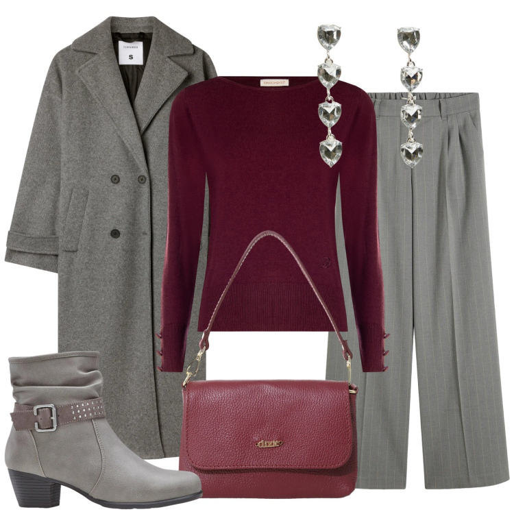 Outfit donna - Burgundy di tendenza. Stile Chic per Tutti i giorni. Abbinamento con stivaletti, pantaloni a palazzo, borse a tracolla, cappotti, orecchini, pullovers.