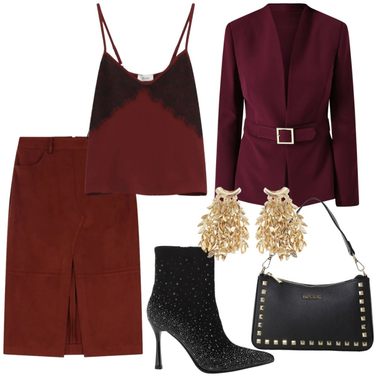 Outfit donna - Burgundi love. Stile Glamour per Serata fuori. Abbinamento con pochette, stivaletti, gonne longuette, blazer, orecchini, top.