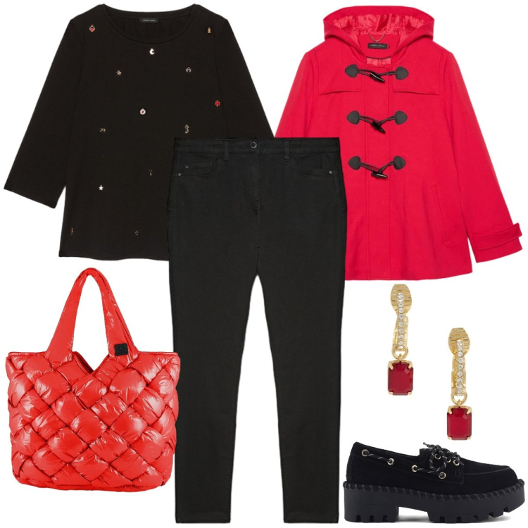 Outfit donna - La giacca in rosso. Stile Casual per Tutti i giorni. Abbinamento con orecchini, borse tote, blazer, t-shirt, mocassini, jeans skinny.