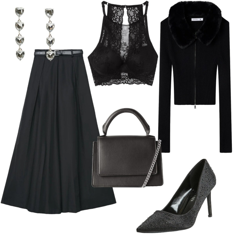 Outfit donna - Terranova - San Valentino. Stile Chic per Serata fuori. Abbinamento con bralette, pantaloni, borse a tracolla, cardigans, décolleté, orecchini.