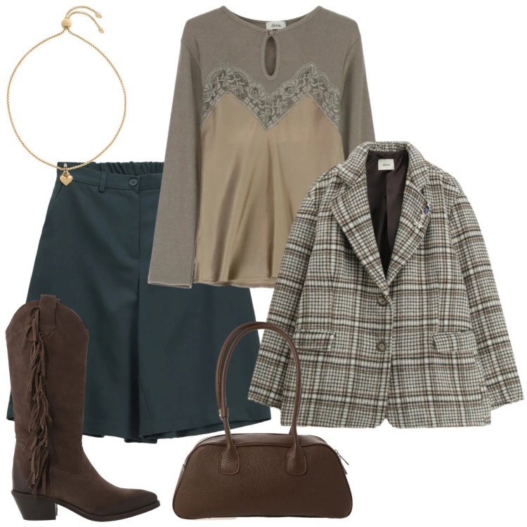 Outfit donna - Una giornata particolare. Stile Trendy per Serata fuori. Abbinamento con shorts, maglieria, stivali, borse a mano, blazer, braccialetti.