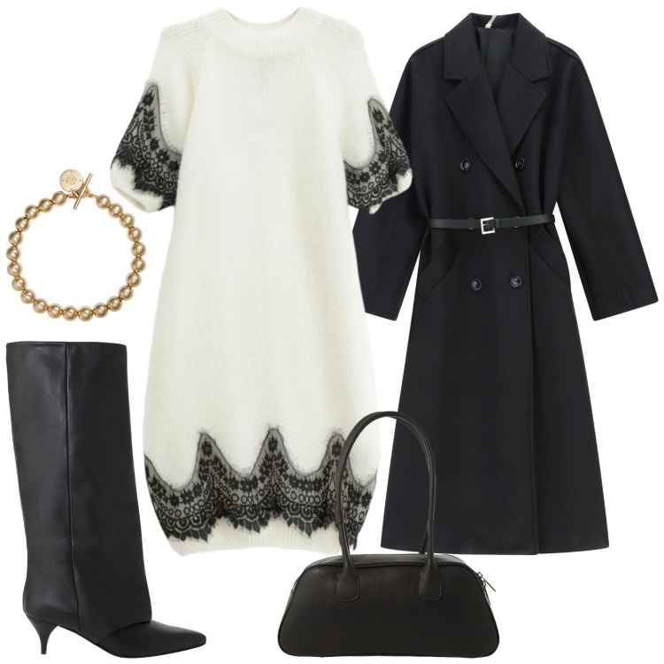 Outfit donna - City. Stile Urban per Tutti i giorni. Abbinamento con cappotti, stivali, borse a mano, vestiti corti, braccialetti.