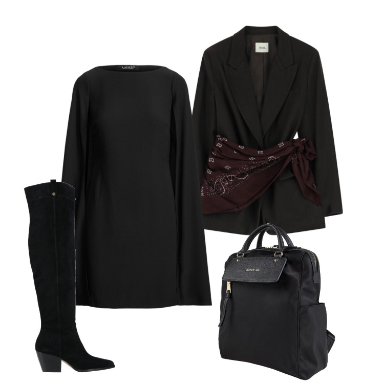 Outfit donna - Total black. Stile Minimal per Serata fuori. Abbinamento con zaini, stivali, blazer, vestiti.