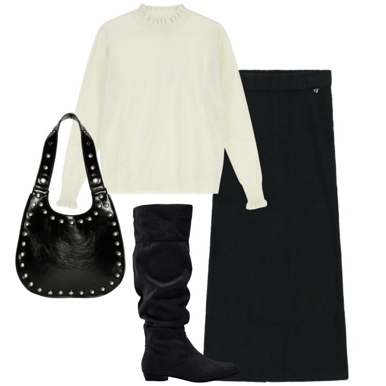 Outfit donna - Febbraio. Stile Casual chic per Tutti i giorni. Abbinamento con stivali, maglieria, gonne lunghe, borse a spalla.