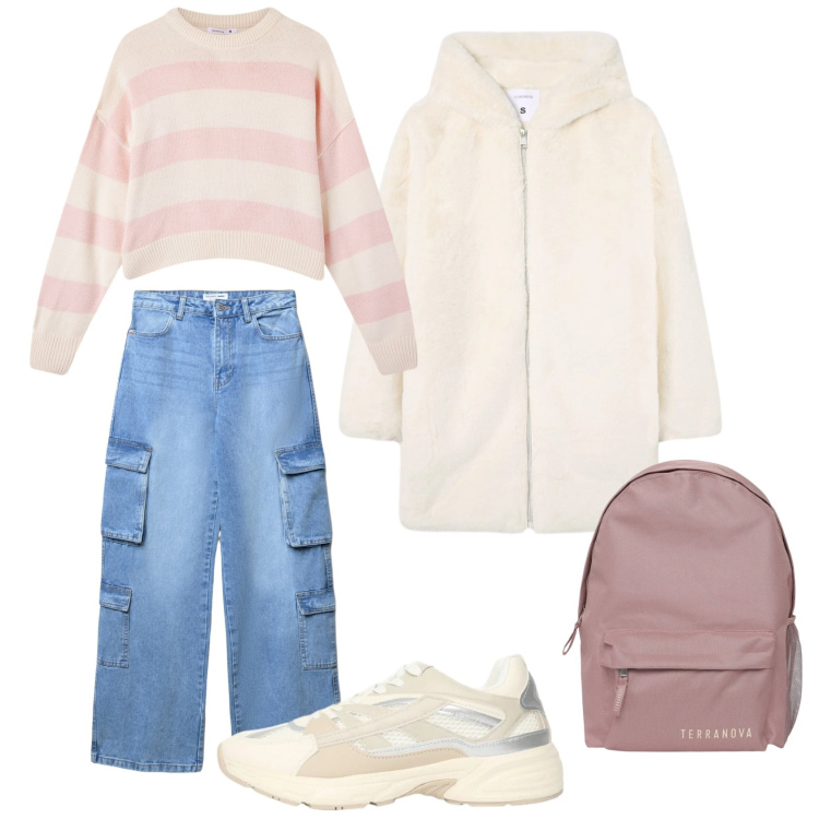 Outfit donna - All\'università con terranova. Stile Casual per Scuola/Università. Abbinamento con jeans, maglieria, cappotti, sneakers, zaini.