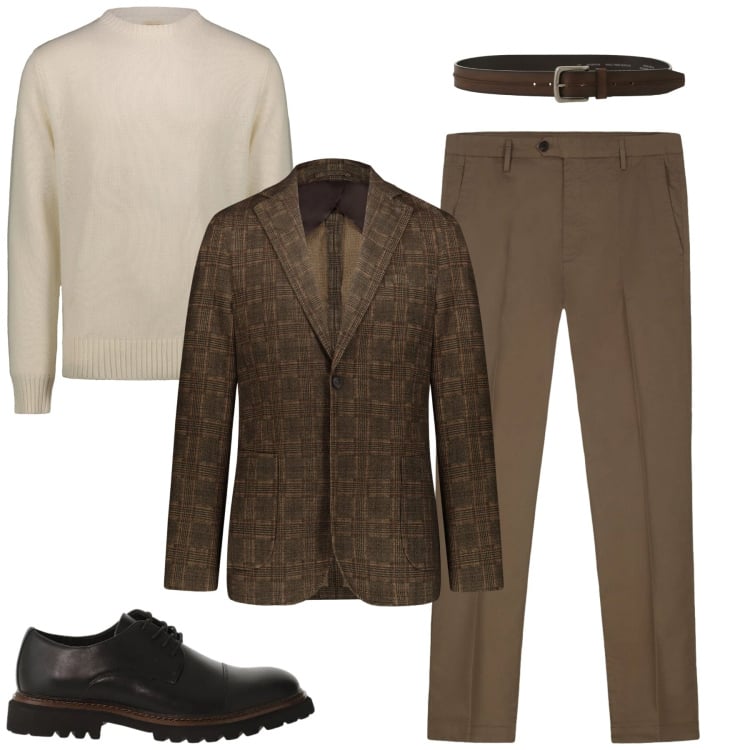 Outfit uomo - City. Stile Trendy per Tutti i giorni. Abbinamento con cinture, scarpe stringate, giacche, maglieria, pantaloni.