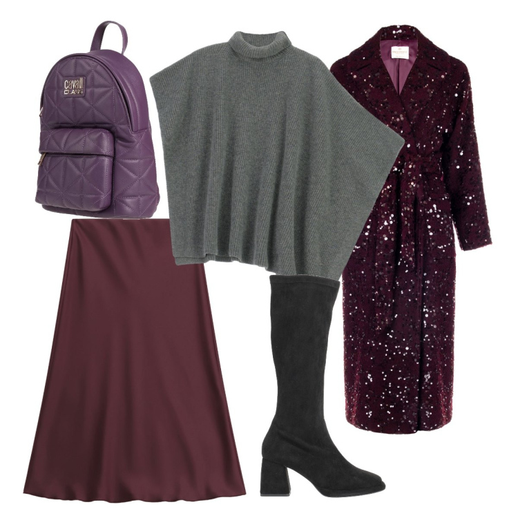 Outfit donna - Toni freddi. Stile Glamour per Serata fuori. Abbinamento con stivali, zaini, maglieria, gonne longuette, cappotti.