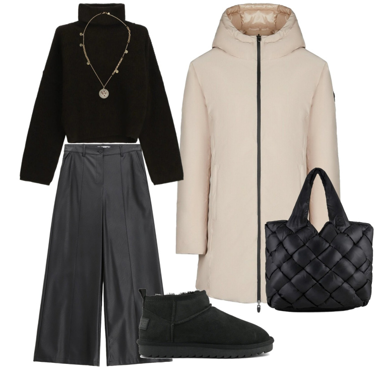 Outfit donna - Pantapalazzo ecopelle. Stile Basic per Tutti i giorni. Abbinamento con pantaloni, maglieria, ciondoli, piumini, borse tote, stivali.