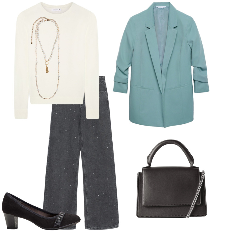 Outfit donna - Total look #2329236. Stile Casual chic per Tutti i giorni. Abbinamento con décolleté, borse a tracolla, maglieria, jeans dritti, blazer, collane.