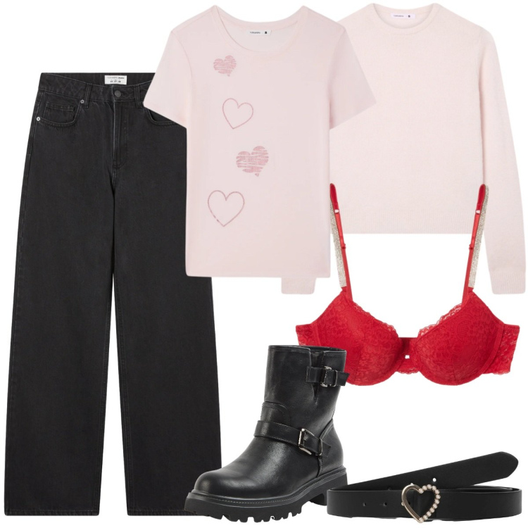 Outfit donna - Terranova - San Valentino. Stile Romantica per Tutti i giorni. Abbinamento con jeans, cinture, reggiseni a balconcino, maglieria, t-shirt, stivaletti.