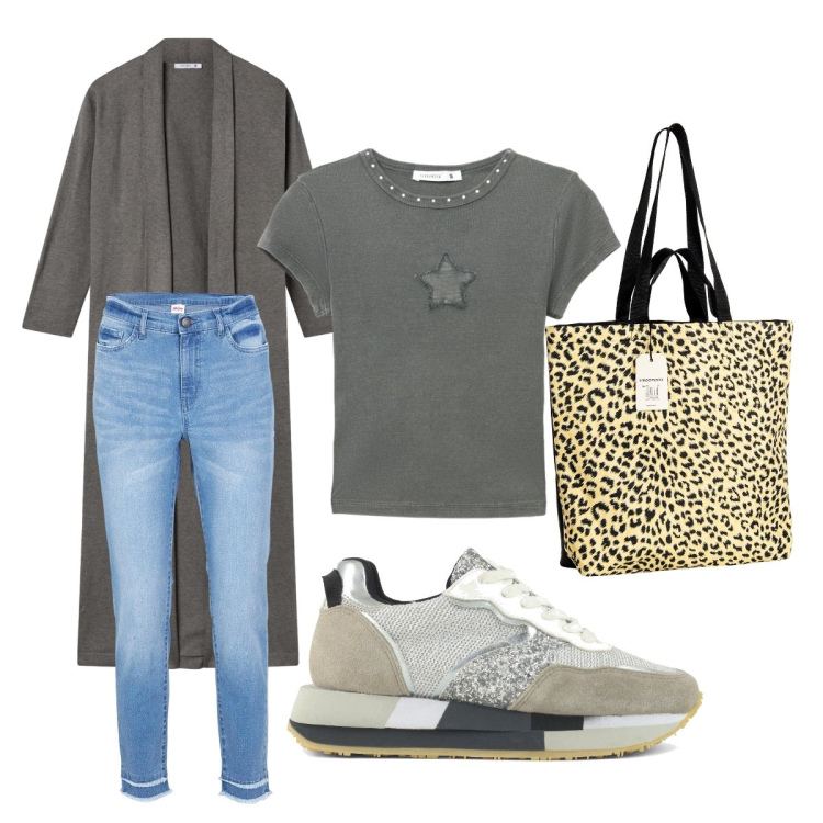 Outfit donna - Vado a fare shopping. Stile Sporty chic per Tutti i giorni. Abbinamento con jeans, borse tote, cardigans, t-shirt, sneakers.