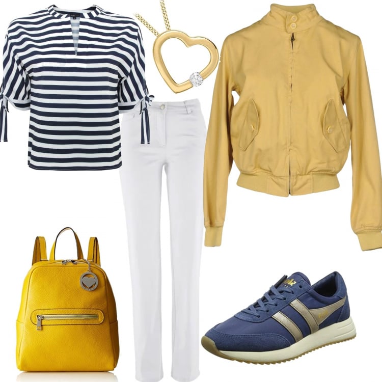 Outfit donna - Giubbino giallo e sneakers. Stile Basic per Scuola/Università. Abbinamento con pantaloni, giubbotto collo alto a maniche lunghe con zip interno sfoderato tinta unita, blusa a righe con scollo e laccetti blu, sneakers blu, zaino giallo, collana con catenina argento.