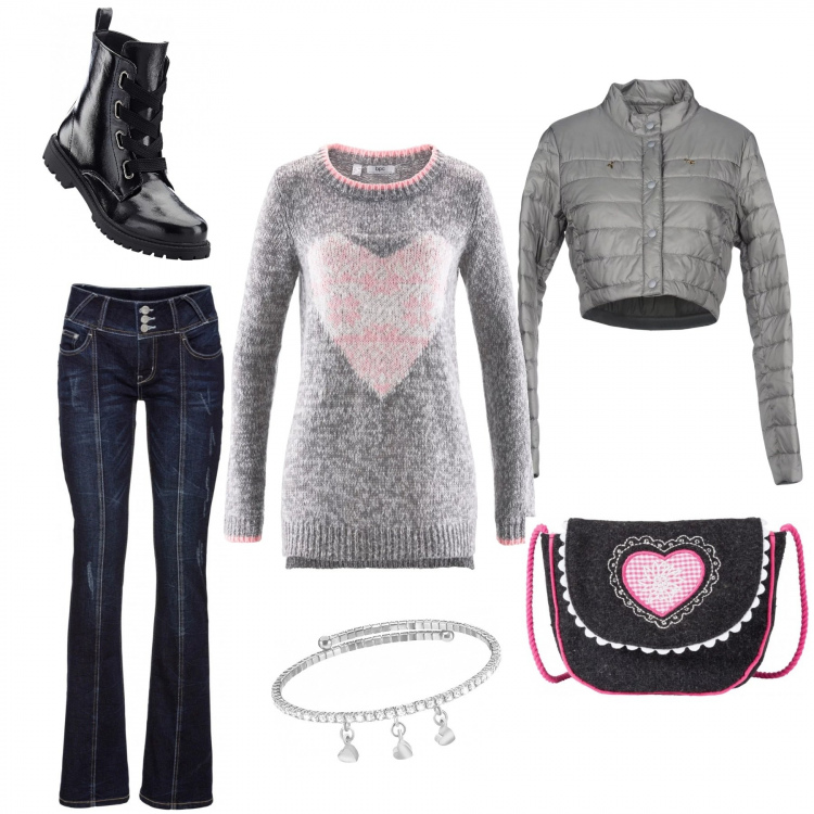 Outfit donna - Jeans e maglia con cuore. Stile Trendy per Scuola/Università. Abbinamento con jeans bootcut, pullover forma asimmetrica a maniche lunghe grigio, stivaletti, borsa a tracolla, piumino senza tasche collo tondo a maniche lunghe interno imbottito in tessuto tecnico tinta unita, bracciale.