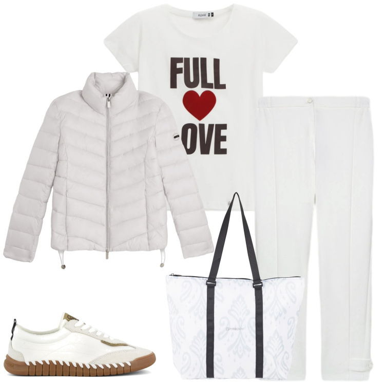 Outfit donna - Total look #2329265. Stile Casual per Tutti i giorni. Abbinamento con t-shirt, shopping bag, piumini, pantaloni, sneakers.