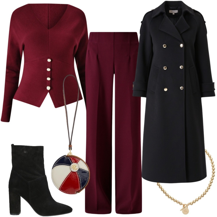 Outfit donna - Total look #2329267. Stile Casual chic per Serata fuori. Abbinamento con stivaletti, maglieria, cappotti, pantaloni a palazzo, collane, pochette.