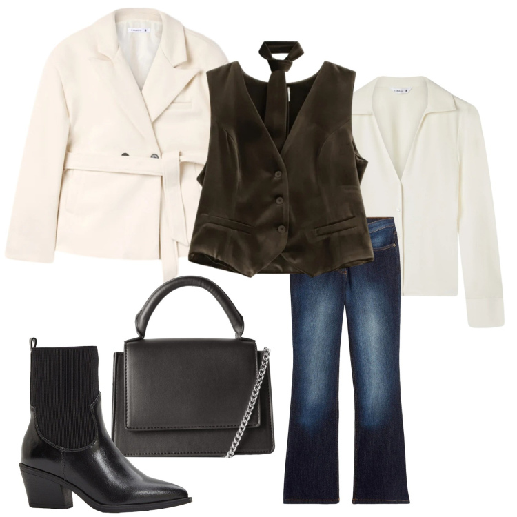 Outfit donna - San Valentino di giorno a modo mio. Stile Trendy per Tutti i giorni. Abbinamento con jeans bootcut, stivaletti texani, gilet, borse a tracolla, camicie, blazer.