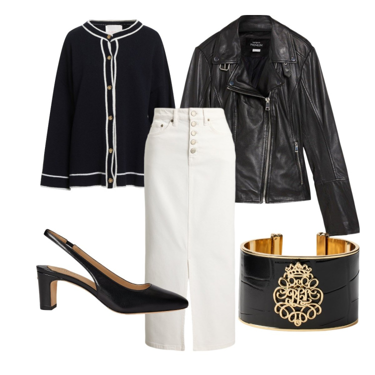 Outfit donna - Rock chic curvy. Stile Rock per Serata fuori. Abbinamento con blazer, cardigans, braccialetti, gonne, décolleté.