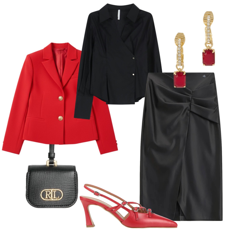 Outfit donna - Fascino fashion. Stile Chic per Serata fuori. Abbinamento con décolleté, camicie, blazer, gonne longuette, orecchini, pochette.