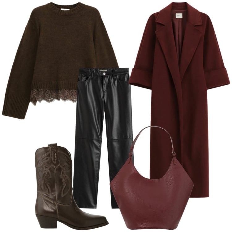 Outfit donna - Pelle & cioccolato a san Valentino. Stile Casual chic per Tutti i giorni. Abbinamento con pantaloni, stivali, borse a spalla, maglieria, cappotti.