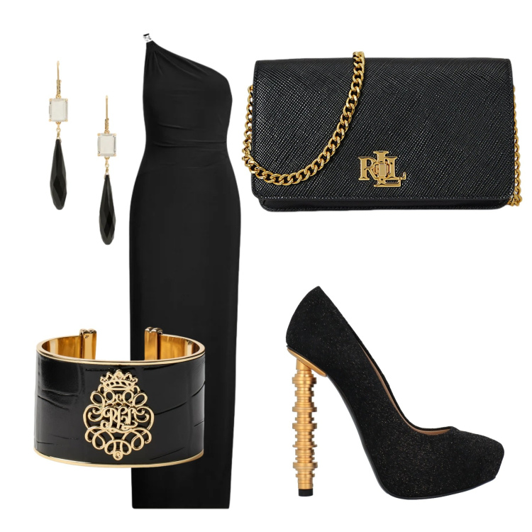 Outfit donna - Black Chic. Stile Chic per Cerimonia. Abbinamento con décolleté, orecchini, braccialetti, vestiti asimmetrici, borse a tracolla.