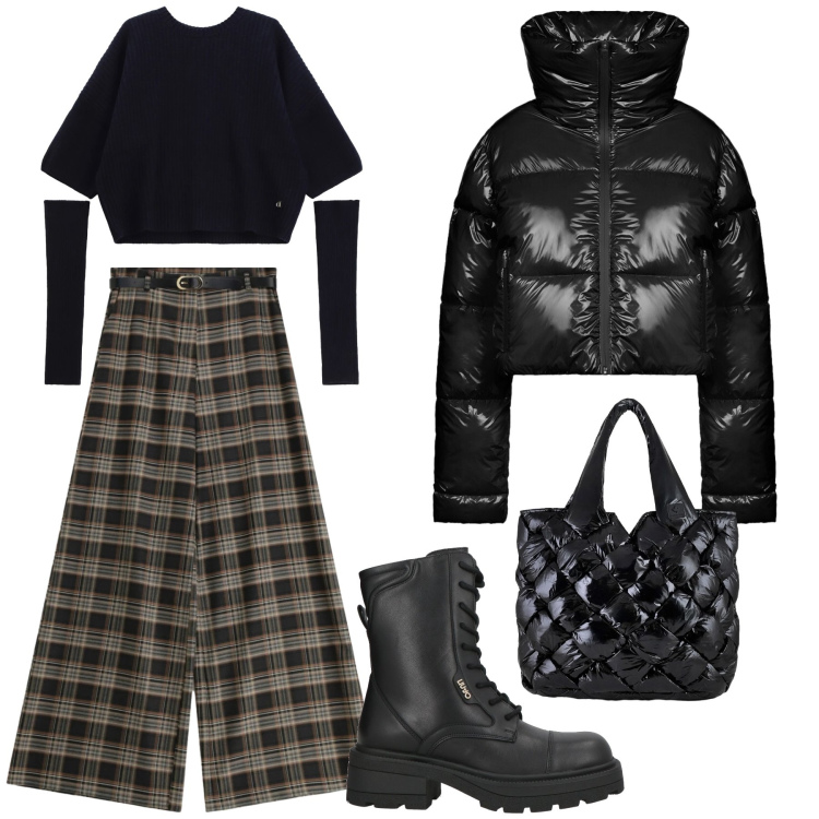 Outfit donna - Total look #2329294. Stile Casual Abbinamento con anfibi, pantaloni a palazzo, maglieria, piumini, borse tote.