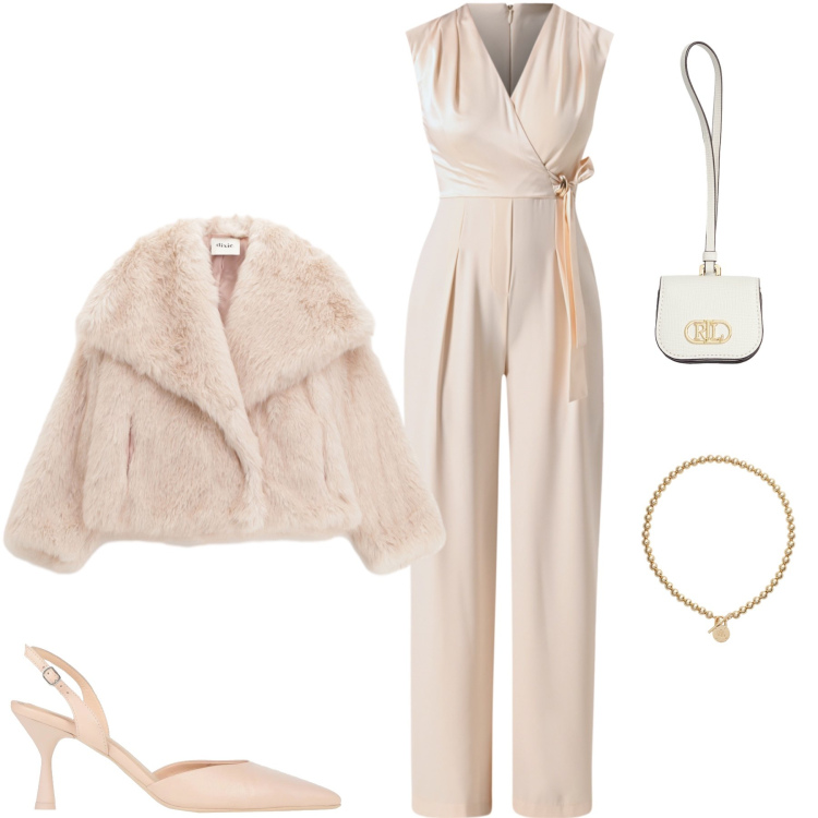 Outfit donna - Total beige. Stile Vintage retrò per Serata fuori. Abbinamento con décolleté, vestiti chemisier, blazer, collane, pochette.