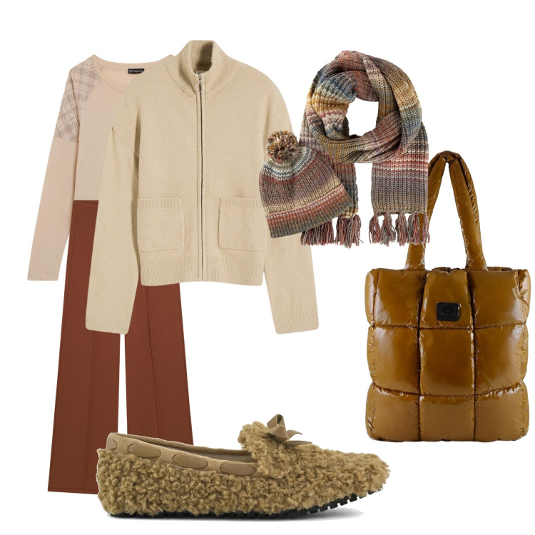 Outfit donna - Caldo semplice. Stile Urban per Tutti i giorni. Abbinamento con sciarpe, cardigans, t-shirt, pantaloni, shopping bag, mocassini.