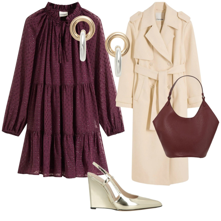 Outfit donna - Al ristorante. per Tutti i giorni. Abbinamento con trench, vestiti, décolleté, borse a spalla, orecchini.